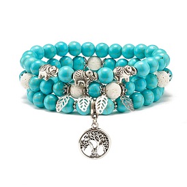 Synthetic Turquoise & Natural Lava Rock Round Beads Stretch Bracelets Set, Gemstone Jewelry with Elephant and Tree of Life for Women