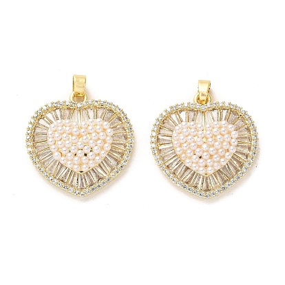 Brass Micro Pave Cubic Zirconia Pendants, with ABS Imitation Pearl, Long-Lasting Plated, Heart