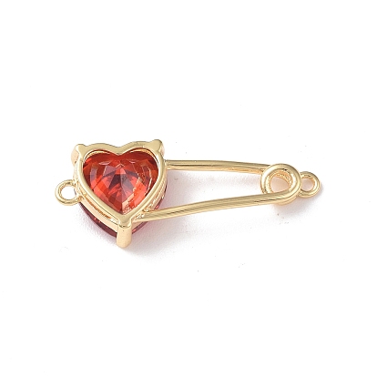 Brass Connector Charms, Heart Safety Pin Links, with Glass, Real 18K Gold Plated