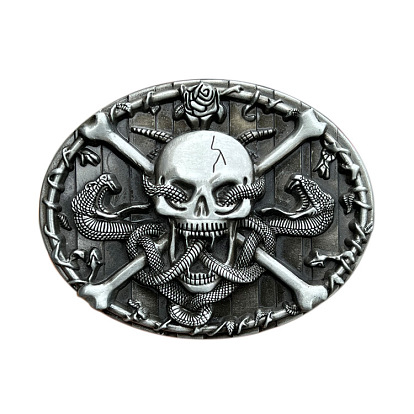 Zinc Alloy Smooth Buckles, Belt Fastener for Men Western Cowboy, Oval with Skull and Snake Pattern