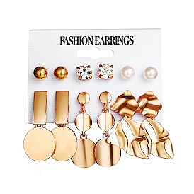 Creative Metal Element Round Irregular Geometric Gold Earrings Set - 6 Pieces