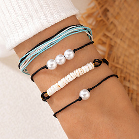 Bohemian Style Braided Rope Bracelet Set with Colorful Thread, Pearl Shell and Multi-layer Design