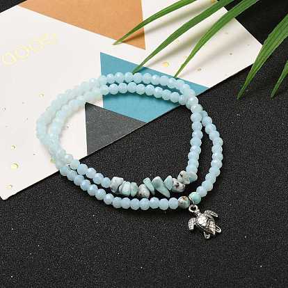 Stretch Bracelets Sets, Stackable Bracelets, with Sea Turtle Alloy Pendants, Rondelle Glass Beads, Natural Larimar & Turquoise(Dyed) Beads, Antique Silver