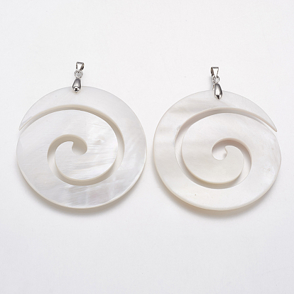Coquille blanche naturelle nacre gros pendentifs coquille, avec les accessoires en laiton de tonalité de platine, vortex