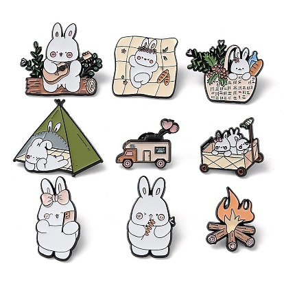 Cartoon Camping Rabbit Enamel Pins, Black Zinc Alloy Badge for Women