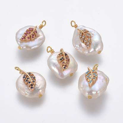 Pendentifs de perles d'eau douce de culture naturelle, avec accessoires zircon cubique micro pave en laiton, pépites avec feuille, or