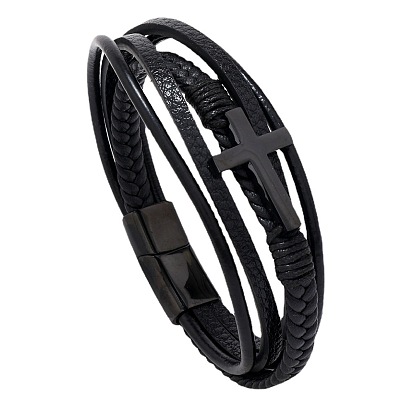 Leather Cord Multi-starand Bracelet, Cross Link Bracelet with Stainless Steel Magnetic Clasp for Men Women
