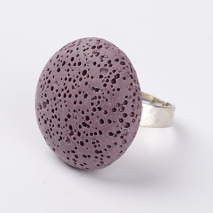 Flat Round Adjustable Lava Rock Finger Rings, with Brass Findings