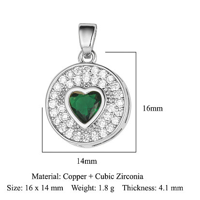 Brass Micro Pave Cubic Zirconia Pendants, Flat Round with Heart Charms