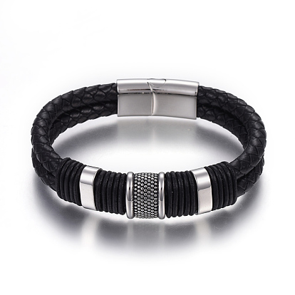 Кожаные браслеты плетеного шнура, с 304 из нержавеющей стали магнитные застежки, чёрные