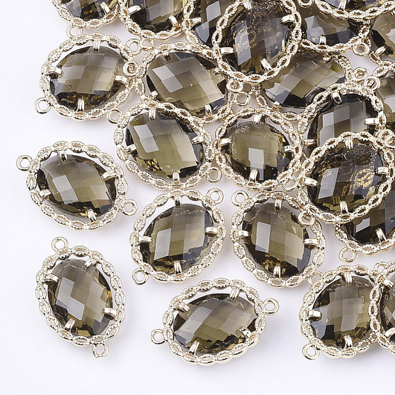 Conectores de enlaces de vidrio transparente, con fornituras de latón, facetados, oval, la luz de oro