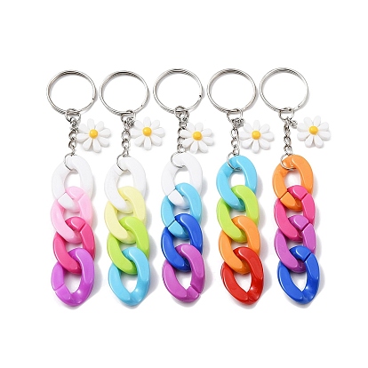5Pcs Acrylic Curb Chain Keychain, with Resin Daisy Charm and Iron Keychain Ring