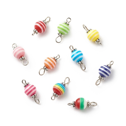 Charmes de connecteur en résine à rayures, avec perles d'espacement marguerites en alliage et doubles boucles de fer, ronde, couleur mixte