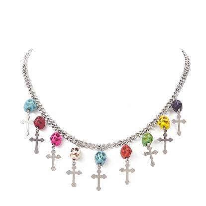 Dyed Synthetic Turquoise Skull with Cross Bib Necklace, 304 Stainless Steel Jewelry for Halloween