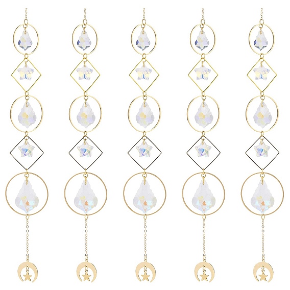Electroplate Glass Star & Teardrop Window Hanging Suncatchers, Golden Brass Geometry with Horn Pendants Decorations Ornaments