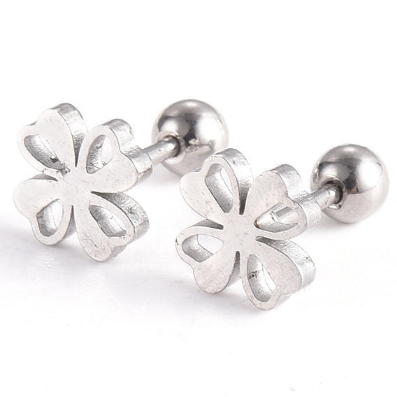 201 Stainless Steel Barbell Cartilage Earrings, Screw Back Earrings, with 304 Stainless Steel Pins, Four Leaf Clover