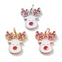 Brass Micro Pave Cerise Cubic Zirconia Pendants, with White Enamel & Jump Rings, Long-Lasting Plated, For Christmas, Reindeer/Stag