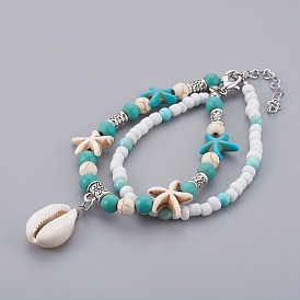 Bracelets multi-rangs en coquille cauris, avec des perles turquoise (teintes) et des perles de rocaille en verre, Perles en alliage de style tibétain, Fermoir mousqueton, fermoirs de homard en alliage de zinc 