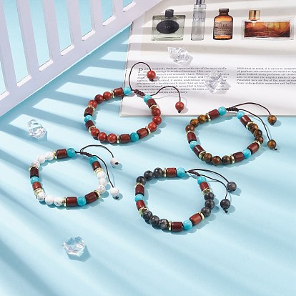 Natural Gemstone & Synthetic Turquoise & Wood Braided Bead Bracelet, Gemstone Jewelry for Women
