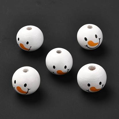 Perles européennes en bois imprimées, Perles avec un grand trou   , le thème de Noël, rond avec motif tête de bonhomme de neige