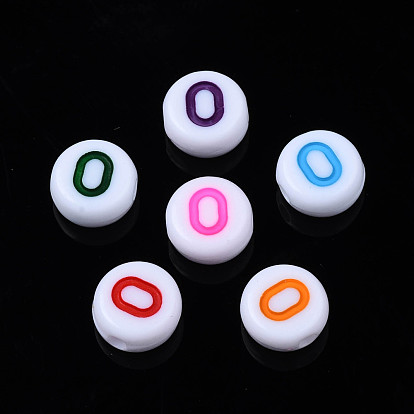 White Opaque Acrylic Beads, Flat Round with Mixed Color Number