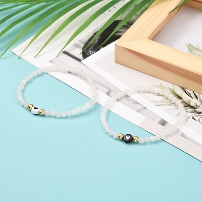 Natural White Jade Round Beads Stretch Bracelet Set, Heart Acrylic & 304 Stainless Steel Beads Bracelet, Golden
