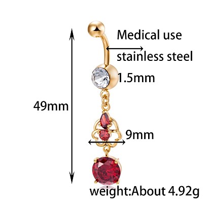 Brass Cubic Zirconia Navel Ring, Belly Rings, with 304 Stainless Steel Bar, Cadmium Free & Lead Free, Flower with Flat Round
