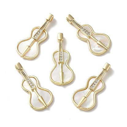 Pendentifs d'instruments de musique en coquille blanche naturelle, Breloques de guitare en laiton micro pavé, zircone cubique transparente