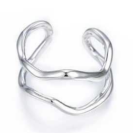 Brass Double Line Wave Open Cuff Ring for Women, Nickel Free