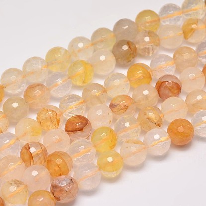 Faceted Natural Yellow Hematoid Quartz Round Beads Strands, Ferruginous Quartz
