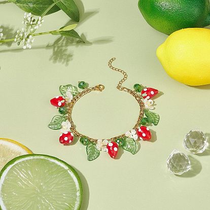 Bracelet à breloques en plastique imitation perle fleur & feuille acrylique & fraise au chalumeau, 304 bijoux en acier inoxydable pour femmes