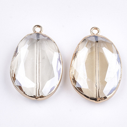 Glass Pendants, with Iron Findings, Faceted, Oval, Golden