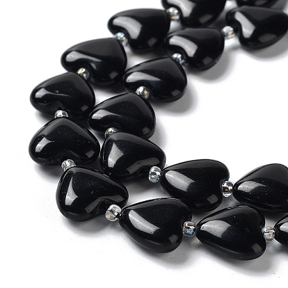 Obsidienne naturelle perles brins, avec des perles de rocaille, cœur