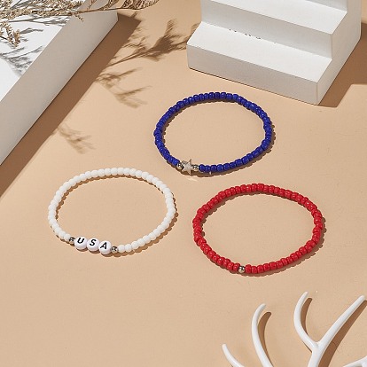 3 pcs 3 ensemble de bracelets extensibles en perles de verre pour le jour de l'indépendance, word usa bracelets empilables étoiles en acrylique et alliage pour femmes