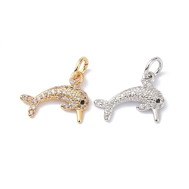 Brass Cubic Zirconia Charms, with Jump Ring, Long-Lasting Plated, Lead Free & Cadmium Free, Dolphin