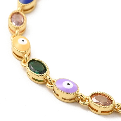 Enamel Evil Eye & Glass Oval Link Chain Bracelet, Golden Brass Jewelry for Women