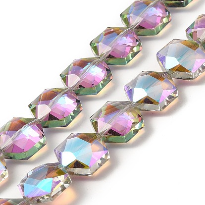 Transparentes perles de verre de galvanoplastie brins, facette, demi-plaqué, hexagone