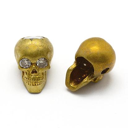 Brass Beads, with Cubic Zirconia, Skull, Nickel Free