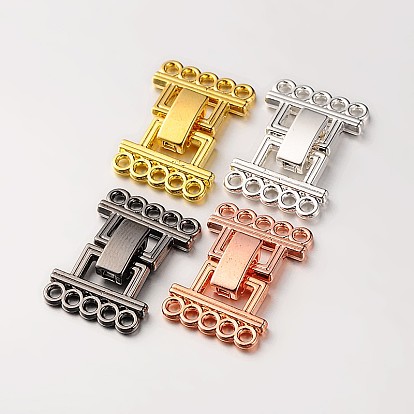 5 Strands Alloy and Brass Fold Over Clasps, 10-Hole, 24x16.5x5mm, Hole: 2mm