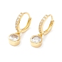 Clear Cubic Zirconia Hinged Hoop Earrings with Flat Round Drop, Brass Jewelry for Women, Cadmium Free & Nickel Free & Lead Free