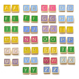 304 Stainless Steel Enamel Beads, Real 14K Gold Plated, Square with Letter