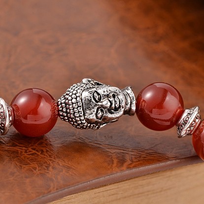 Trendy Natural Gemstone Beaded Stretch Bracelets, with Tibetan Style Antique Silver Alloy Findings, 57mm