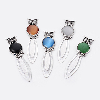 Tibetan Style Alloy Bookmarks, with Cat Eye Cabochons, Owl