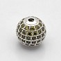 Brass Micro Pave Grade AAA Cubic Zirconia Beads, Cadmium Free & Nickel Free & Lead Free, Round, Olive Drab