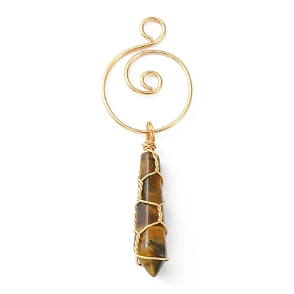 Natural Mixed Gemstone Copper Wire Wrapped Big Pendants, Faceted Bullet with Musical Note, Real 18K Gold Plated