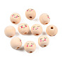 Maple Wood European Beads, Printed, Large Hole Beads, Undyed, Round with Shy Expression