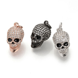 Brass Micro Pave Cubic Zirconia Pendants, with Jump Rings, Skull