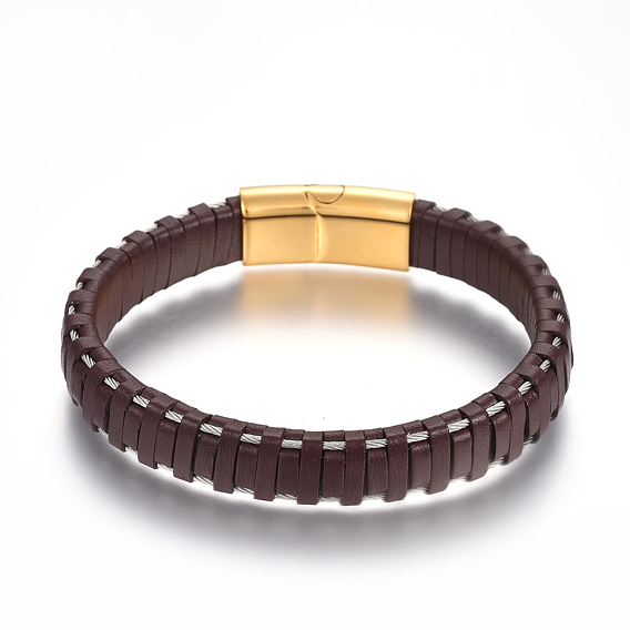 Leather Cord Bracelets, with 304 Stainless Steel Magnetic Clasps