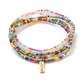 Baking Paint Glass Seed Bead Anklets, Opaque Colours Luster of, Silver Lined Round Hole of, Ceylon of, Transparent Inside Colours of Beads, Brass Pendants, with Jump Ring, Rectangle with Word LOVE