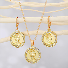 Vintage Queen Coin Jewelry Set with Diamond-Encrusted Earrings and Necklace for Women